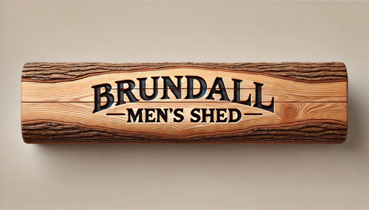 DALL·E 2024-11-21 17.23.25 – A realistic horizontal banner image resembling a length of polished wood with the words ‘Brundall Men’s Shed’ carved into it. The wood has a natural g